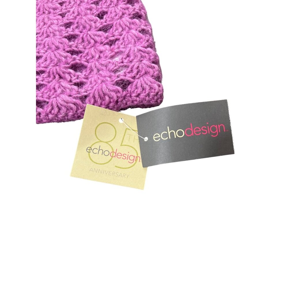 Echo Design Beanie Hat Wool Alpaca Purple Crochet Knit Rose Accent Womens NEW - Picture 8 of 9